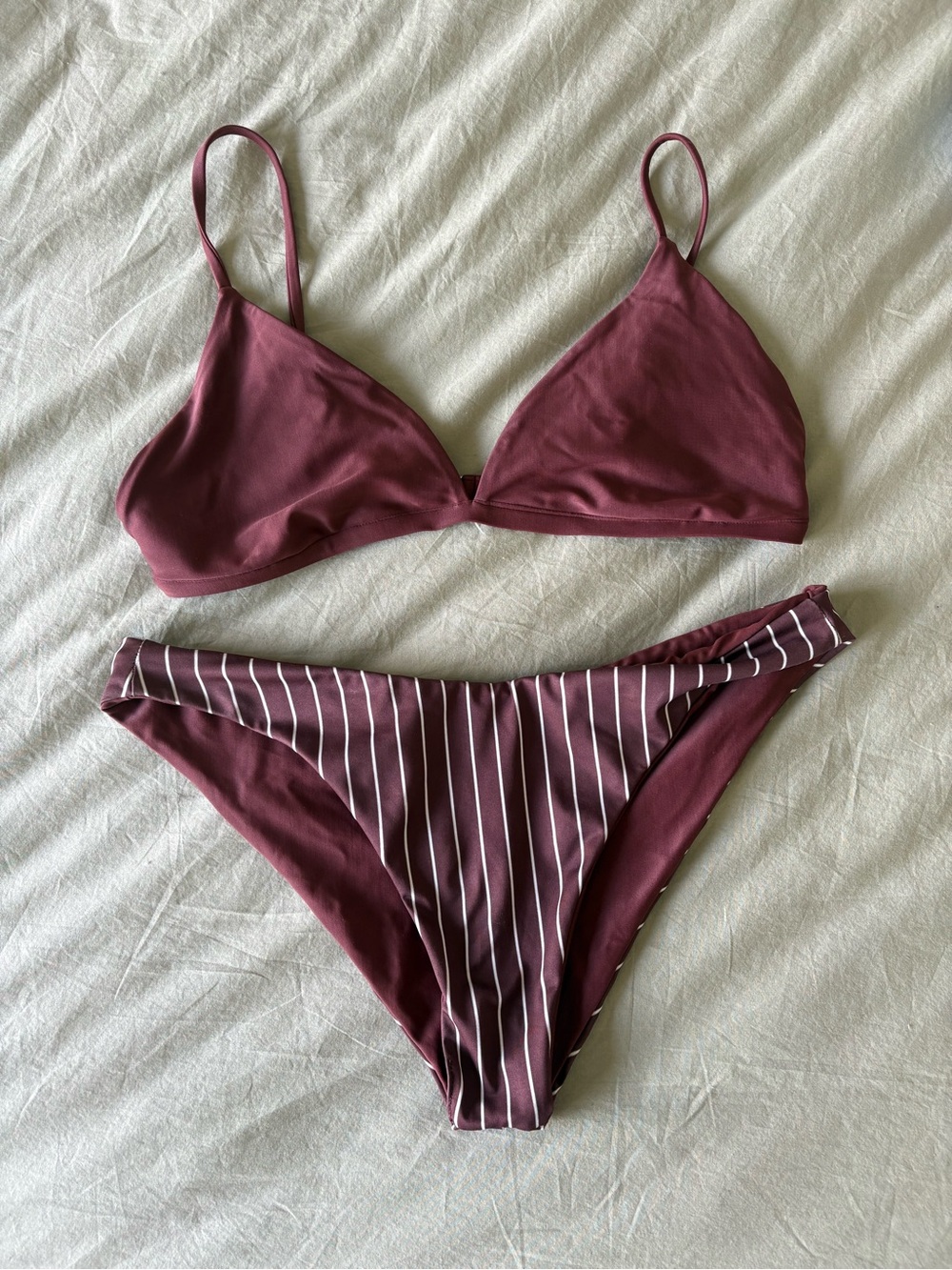 Striped Wine Triangle Bikini Set - Women Swim - Othersea